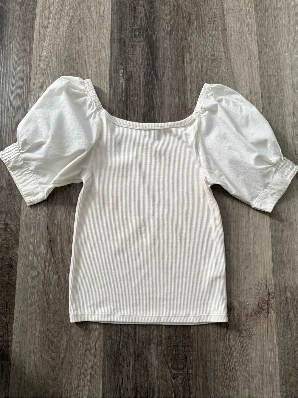 J. Crew Cream Ribbed Square-Neck Top with Puff Sleeves